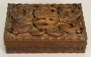 = 19th/20th C. Indo-British Raj India Deeply Carved Wooden Box w. Dragons & Face - Picture 1 of 17