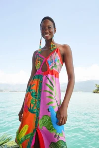 Abito midi Farm Rio doppia sciarpe taglia M L rosa tropicale bahia ritaglio prendisole - Foto 1 di 8