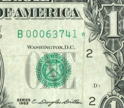 ** ЗВЕЗДА - 5 ЦИФР ** $1 1963 Федеральная резервная банкнота ** бумажная валюта аукционы - Изображение 1 из 3
