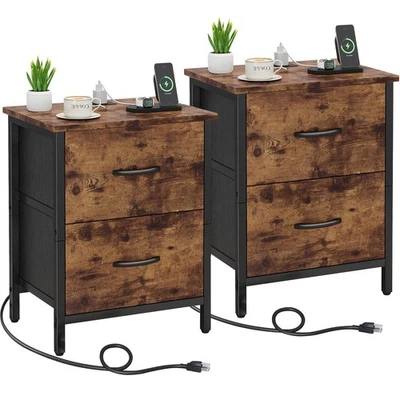 Nightstand Set of 2 with Charging Station, End Table Rustic Brown (2 Pack) - Image 1 of 4