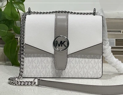 MICHAEL KORS GREENWICH PEQUENA ABA TIRACOLO MK BOLSA CORRENTE BOLSA TOTE LOGOTIPO CINZA BRANCO - Imagem 1 de 4