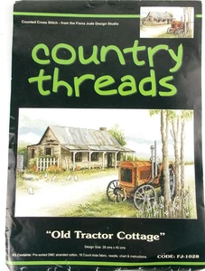 Country Threads Old Tractor Cottage Cross Stitch Kit FJ-1028 28cm x 45cm - Foto 1 di 6