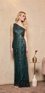 Adrianna Papell Pine Green Metallic One Shoulder Gown Sz 12 NWT - Picture 1 of 6