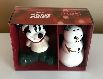 DISNEY ST NICHOLAS SQUARE MICKEY MOUSE/SNOWMAN HOLIDAY SALT & PEPPER SHAKER SET - Image 1 of 4
