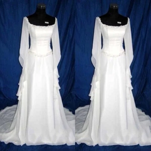 Chiffon Muslim Wedding Dresses Long Sleeve Sweep Train Beach Boho Bridal Gowns - Picture 1 of 11