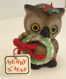 Búho de Navidad flocado vintage Josef Originals con etiqueta Feliz X'Mas 3 pulgadas de alto - Imagen 1 de 6