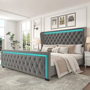 King Platform Bed Frame High Headboard, Velvet Upholstered, Deep Tufted Buttons - Picture 1 of 12