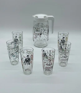 SERVICE A ORANGEADE JAPONISANT LOT DE 6 VERRES + PICHET CRUCHE VINTAGE - Imagen 1 de 7