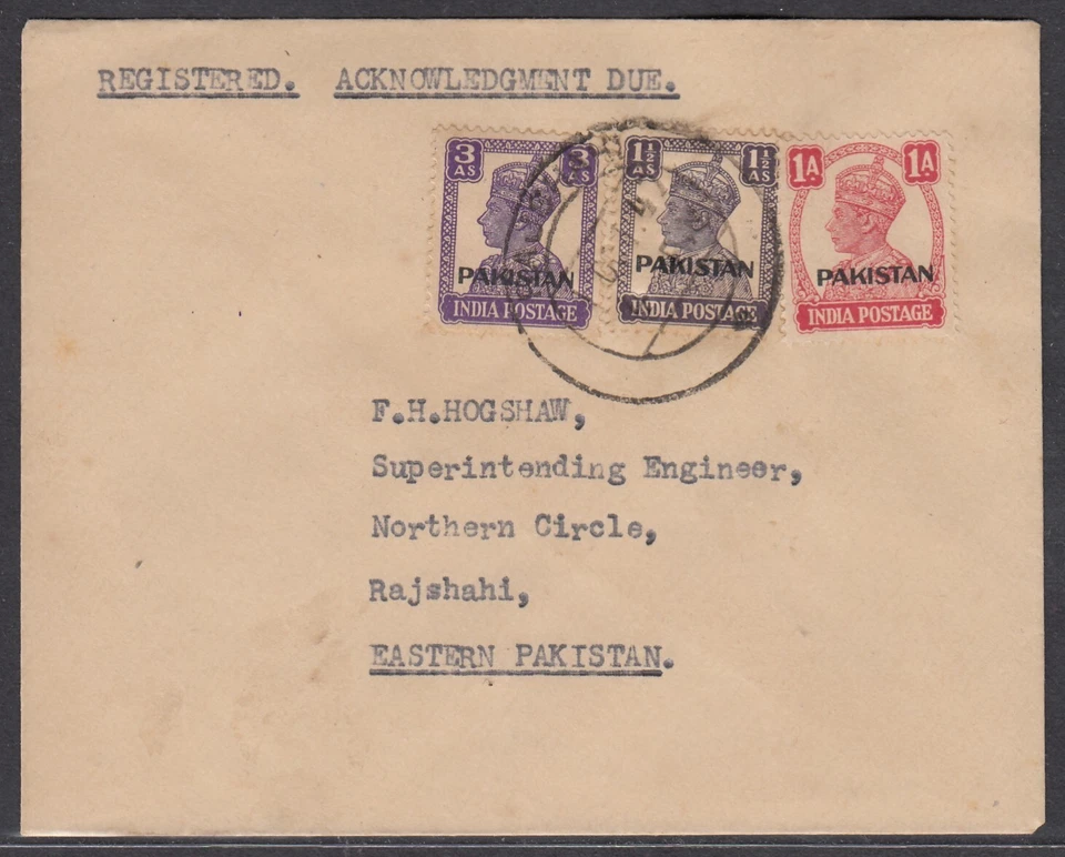Pakistan 1947 (Oct 1st) GVI 1a, 1a6p & 3as Fdc. cancelled RAJSHAHI (E. Pakistan) - Image 1 of 2