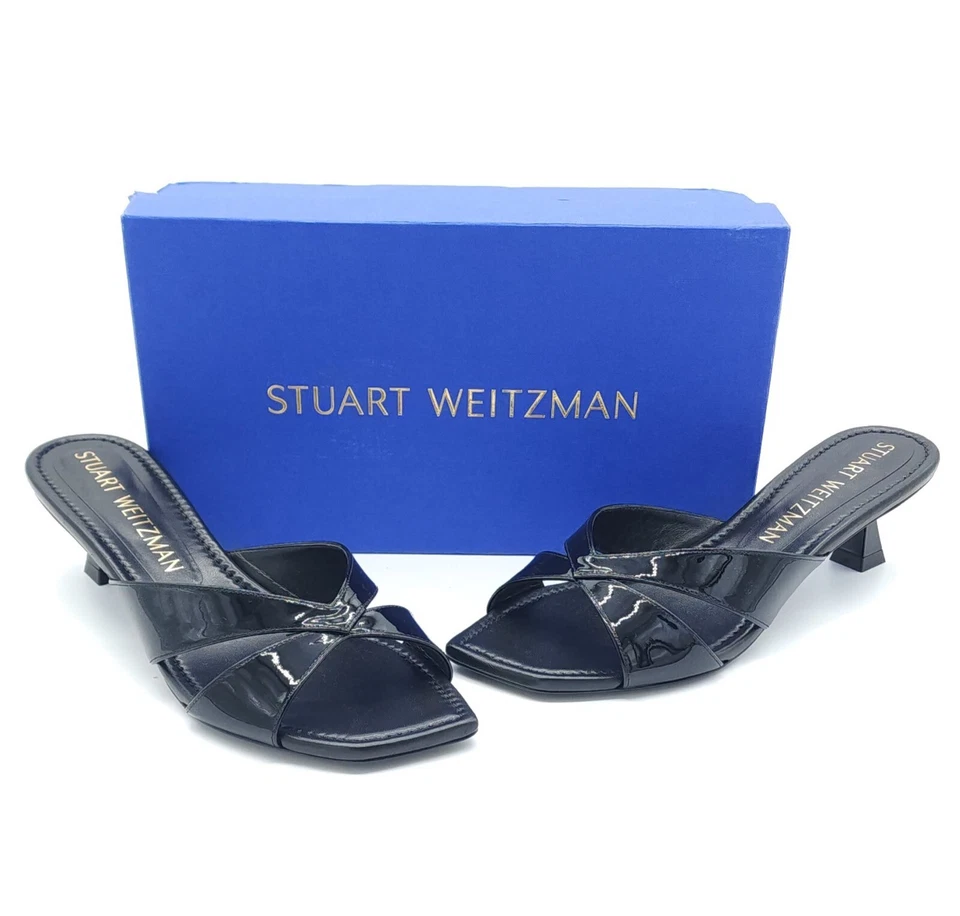 Stuart Weitzman Miami Xcurve 50 Black Patent Leather Slide Sandals Size 10.5 - Image 1 of 4