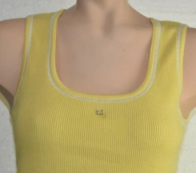 $1355 NEW Chanel Top Tank CRYSTAL CC LOGO Knit Sleeveless Yellow CASHMERE  38 - Image 1 of 4