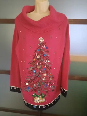 Único Suéter de Navidad Vestido Largo Árbol Cuentas Feas Lentejuelas Vintage Años 90’s Rojo Foto 1 de 4