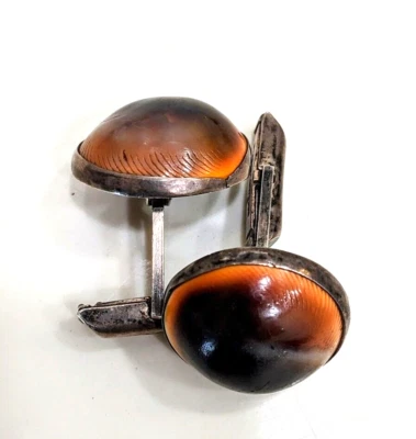 罕见复古纯银手工制作猫眼手术壳袖扣 — 第 1/4 张图片