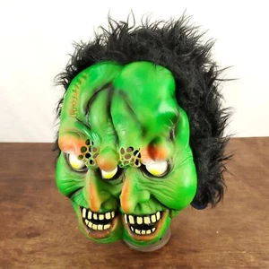 VINTAGE Fun World 2 Faced Green Rubber/Latex Mask Halloween Costume Black Hair - Picture 1 of 8
