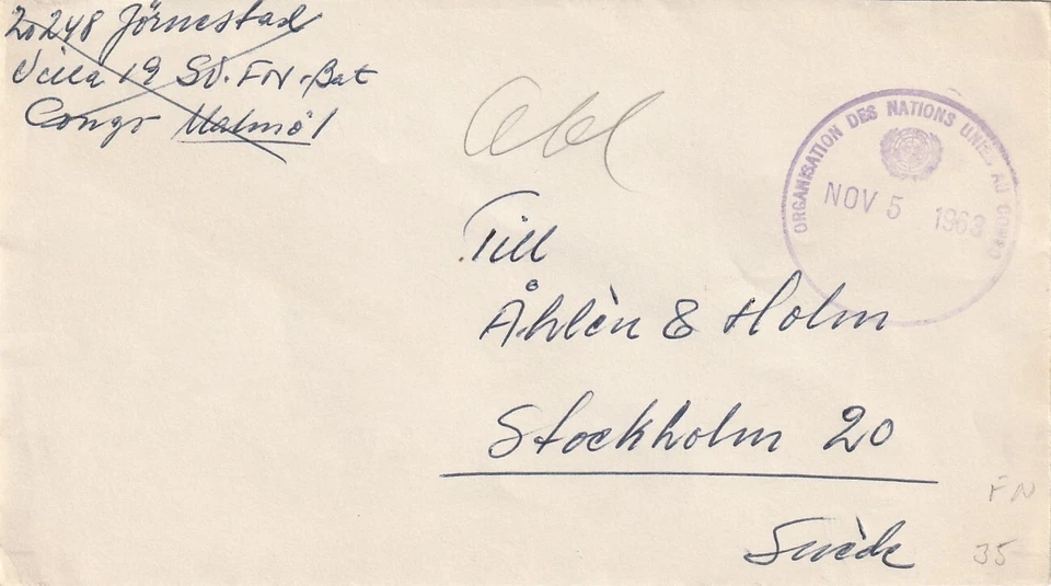 SWEDEN: UN-military mail, Free mail ONUC Congo  1963. - Image 1 of 1