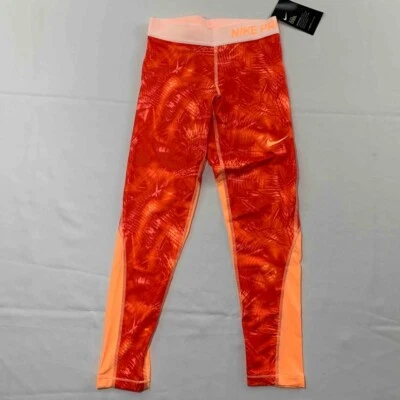 Nike Pro Cool Dri-Fit Girls Training Leggings Orange Elastic Stretch Pants XS - Image 1 of 4