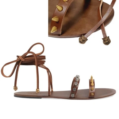 ZAPATOS GUCCI SANDALIAS PLANAS CON CORDONES CUERO MARRÓN TACHUELAS FELINO $890 talla 8 8.5 Foto 1 de 4