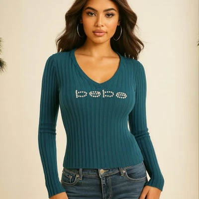 Bebe Rhinestone Logo Ribbed Knit V-Neck Sweater Top Blue Y2K Glam Women’s S - Image 1 of 4