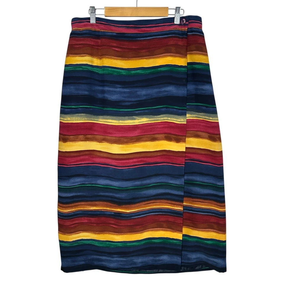 Chaus Maxi 铅笔裙女式 14 码人造包裹丝绸水彩条纹艺术  — 第 1/4 张图片