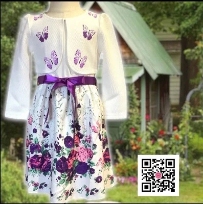 Vestido Bolero 2 Piezas Niñas 4 Delantales Chaqueta Mariposas Floral Satén Cinta (A) Foto 1 de 4