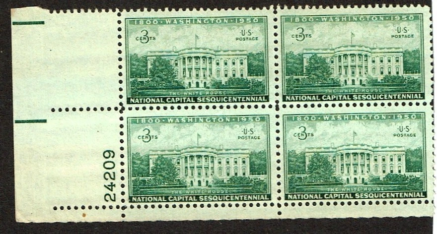 1950 U.S Commem National Capital 3c WHITE HOUSE Plt#Blk Sc#990 M/NH/OG/Pristine - Image 1 of 1