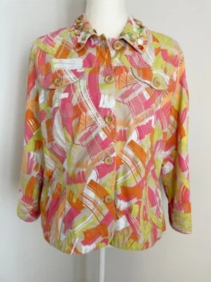 Ruby Rd. Women's Button Up Jacket Top Size 14 Pink Yellow Beaded Collar Pockets - Image 1 of 4