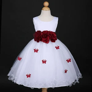 Weiß/burgund Weinrot Brautjungfer Hochzeit Blumenmädchen Kleid 6M 12M 18M 2 4 6 8 9/10 - Bild 1 von 2