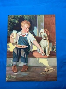 VINTAGE KALENDER DRUCK 1940ER JAHRE JUNGE UND HUND AUF DER VERANDA LITHOGRAPHIE 9" X 12" - Bild 1 von 5