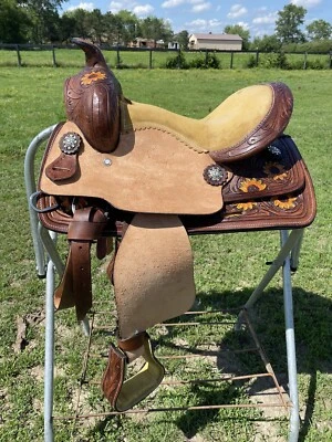 12" leather child's Western saddle w/suede seat, handpainted sunflowers - Image 1 of 4