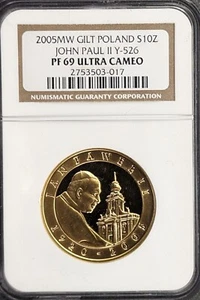 2005 POLAND Gold GILT S10Z Pope John Paul NGC PF-69 ULTRA CAMEO FREE SHIPPING - Picture 1 of 4