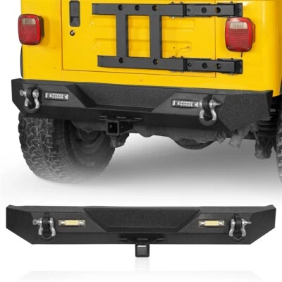 Para-choque traseiro de aço preto com luzes LED e anéis-D ajuste 1987-2006 Jeep Wrangler YJ TJ - Imagem 1 de 4