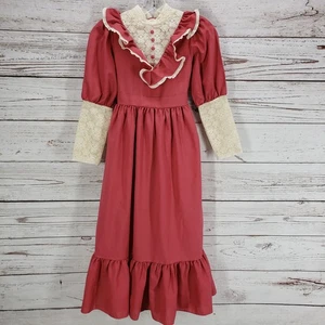 Vintage Cinderella Girls Coral Red Lace Ruffled Prairie Dress Size 8 - Picture 1 of 15