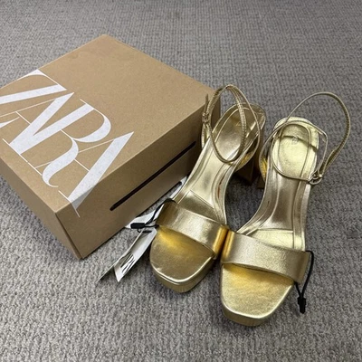 Sandalias Zara Tacón Bloque Dorado Mujer Talla 7.5 Nuevas Foto 1 de 4