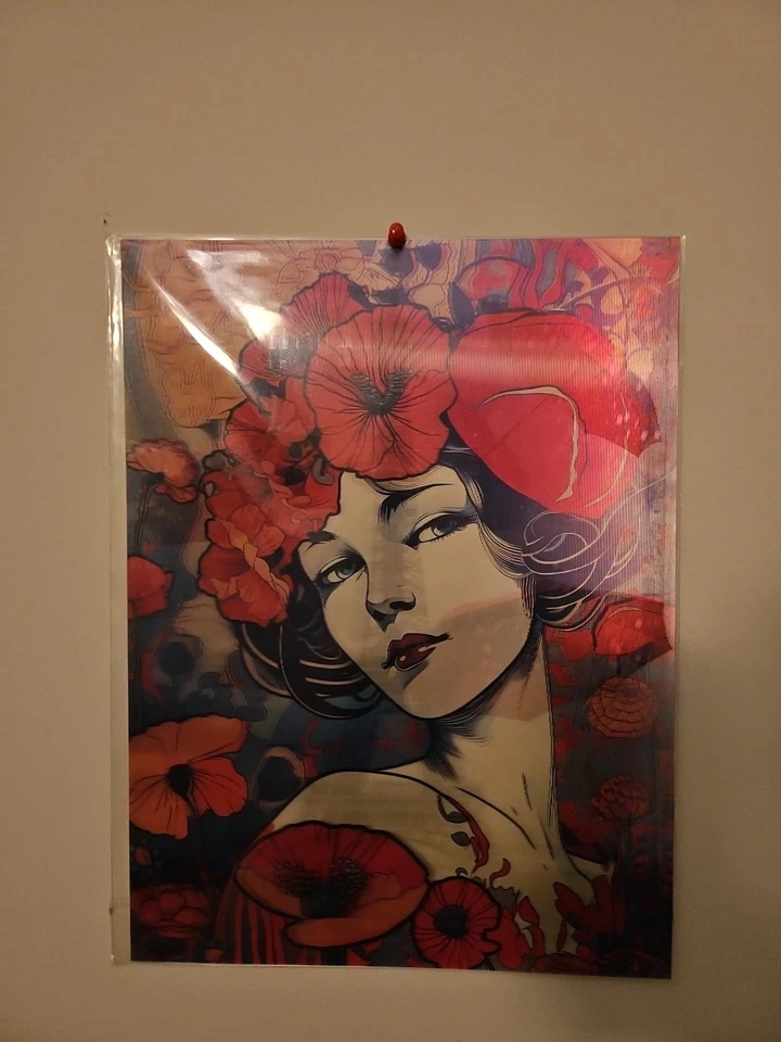 Torre Eiffel con paraguas rojos, niña rosa, arte de pared cambiante de ángulo 3d. Foto 1 de 4