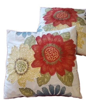 2 Pier 1 Throw Pillows Bright Floral Embroidered Applique Textured Square 19x19 - Image 1 of 4
