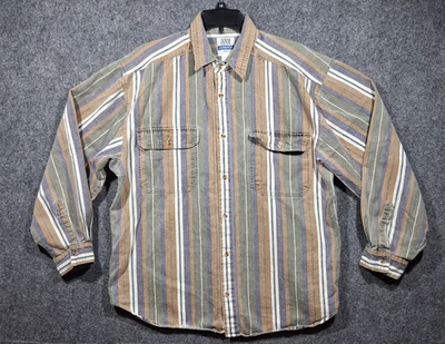 复古牛仔特快眉条纹 90 年代纽扣西部衬衫成人男式 XL — 第 1/4 张图片