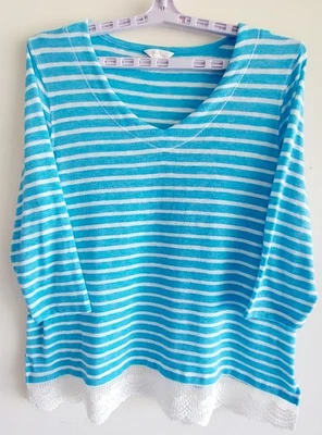 CORAL BAY 女式 1X 蓝色和白色条纹柔软弹力上衣,钩针下摆 — 第 1/4 张图片