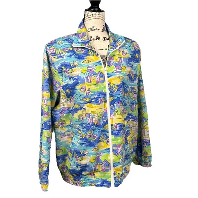 Napa Valley Windbreaker Track Jacket Vtg 90s Large Full Zip Colorful Beachy Fish - Image 1 of 4