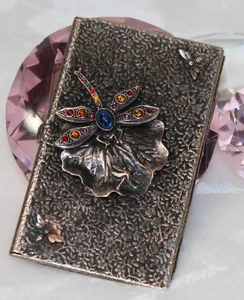 Metal Floral Card Case With Rhinestone Dragonfly On Leaf Silvertone & Black - Picture 1 of 13