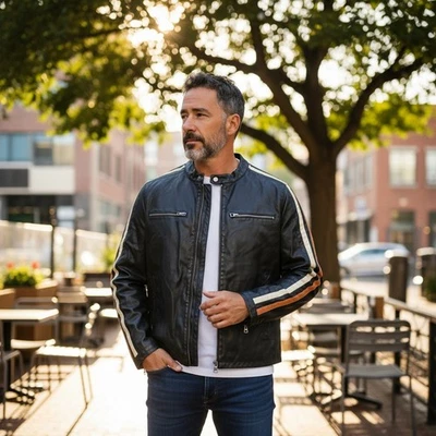 Wilson's Cycle Y2K Men’s Black Cafe Striped Racer Faux Leather Motorcycle Jacket - Image 1 of 4