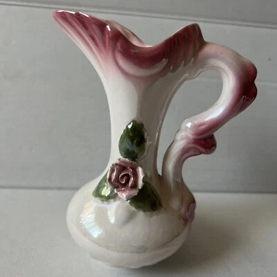 Jarrón vintage Lusterware Rose Bud jarra Ewer rosa y verde 5 pulgadas Foto 1 de 4