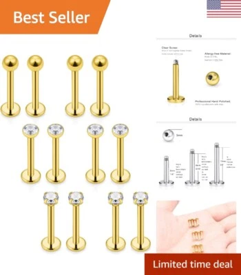 Tachuelas de cartílago de acero quirúrgico 16G - Joyería anillo labial circonita cúbica diamante transparente - 12 p... Foto 1 de 4