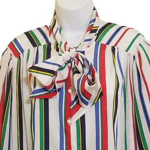KORET Blouse Sz L Women's Pussybow Navy Red Yellow Green White Stripe Vtg - Picture 1 of 9