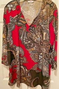 NEW Alia Womans Red Black Tan Paisley Poly Spandex Tunic Top Blouse Size 2X  - Picture 1 of 5