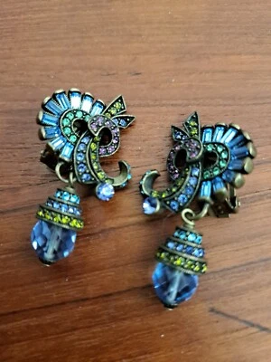 statement Heidi Daus Blue green  Crystal  Bronze tone clip on earrings - Image 1 of 4