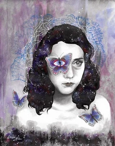 Acuarela Galaxia Mariposas Retrato Surrealista Oscuro - Impresión ACEO 1 de 10 - Imagen 1 de 1