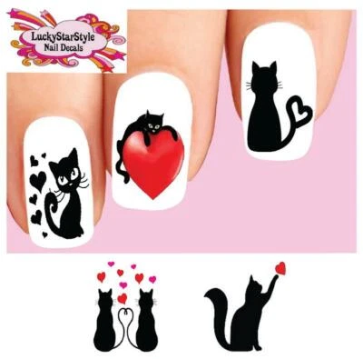 HANDMADE Waterslide Nail Decals Set of 20 - Black Kitty Cat with Hearts Assorted