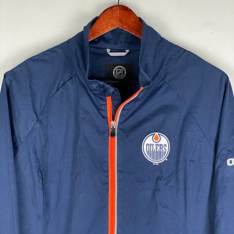 Edmonton Oilers Jacket Womens Large Navy Blue Full Zip Pockets Vented NHL GIII Cover