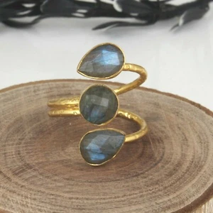Three Stone Labradorite Spiral Ring 925 Silver Gold Plated Adjustable Gift Ring - Picture 1 of 5
