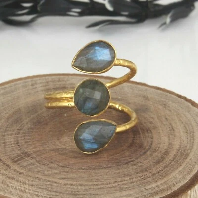 Three Stone Labradorite Spiral Ring 925 Silver Gold Plated Adjustable Gift Ring - Image 1 of 4